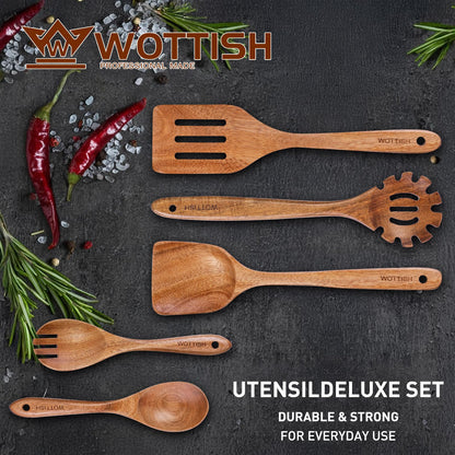 WOTTISH Wooden Spoons for Cooking - 5-Piece Wooden Kitchen Utensil Set made of Natural Solid Wood Material - Includes Salad Spoons, Spaghetti Spoon, Salad Fork, Flat Spatula,Slotted Spatula(A05)