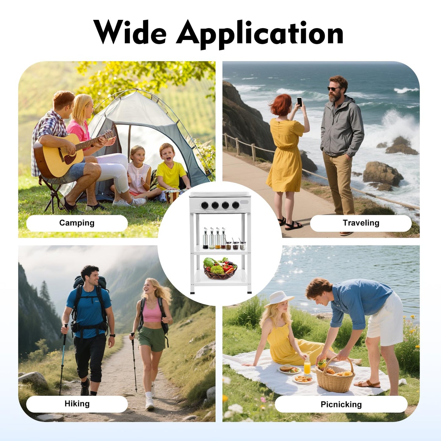 Propane Gas Stove 4 Burner, Portable Natural Gas Stove Stainless Steel, Camping Stove Gas Cooker with 2-Tier Storage Stand, Freestanding Propane Burner for Backyard, Outdoor Cooking