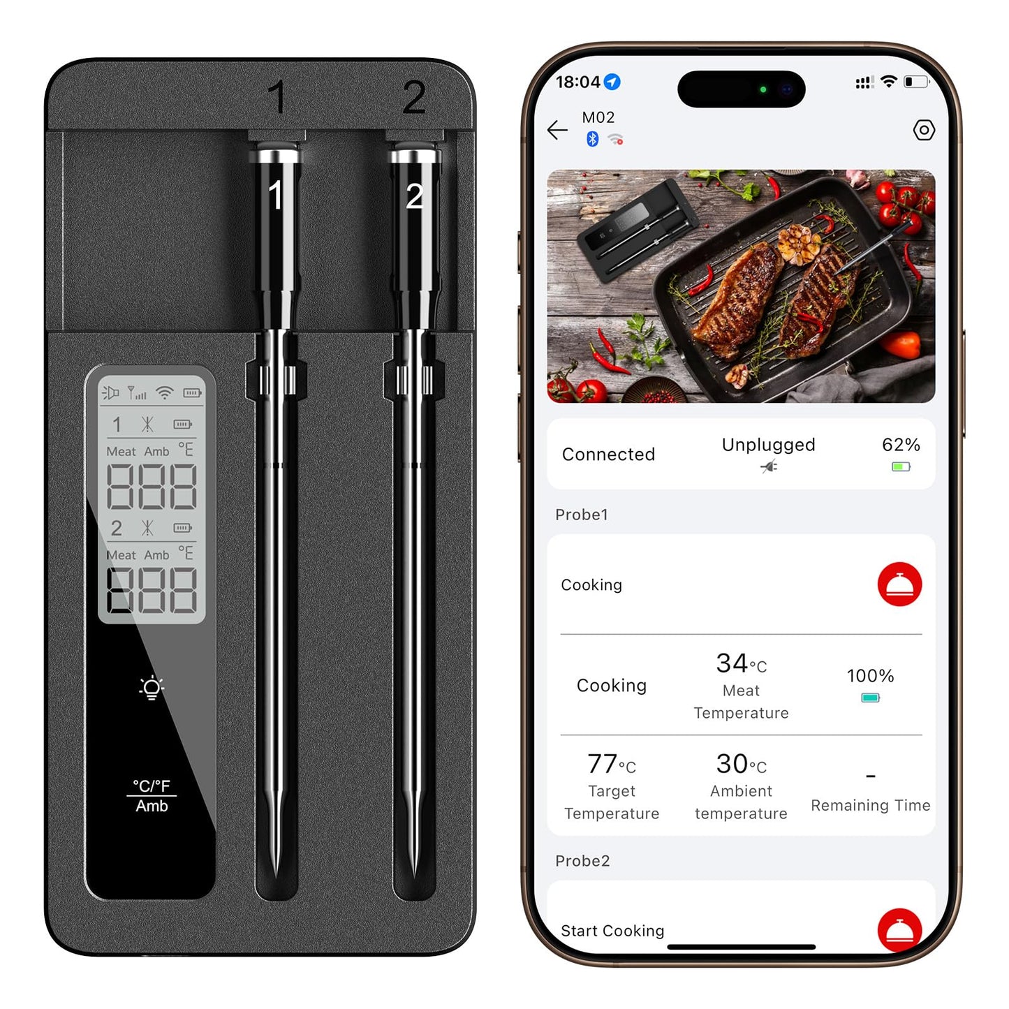 Smart Wireless Meat Thermometer with Dual Probes - Advanced Bluetooth Cooking Thermometer for Perfect Grilling, Smoking, Oven Roasting & Air Frying, Long Range Monitoring & Smart Alerts