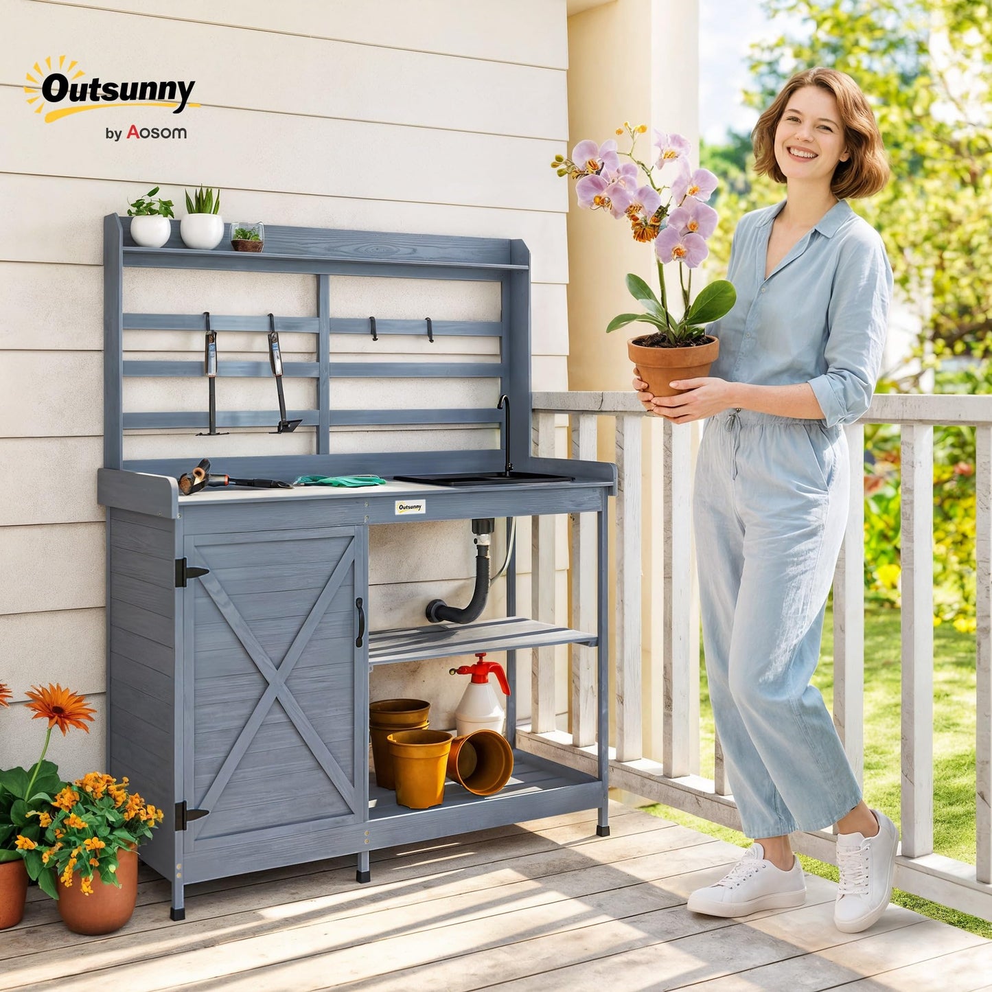 Outsunny Outdoor Wooden Potting Bench Table with Sink and Water Tap, Garden Workstation with Storage Cabinet, Storage Shelves for Backyard, Patio, Balcony, Gray