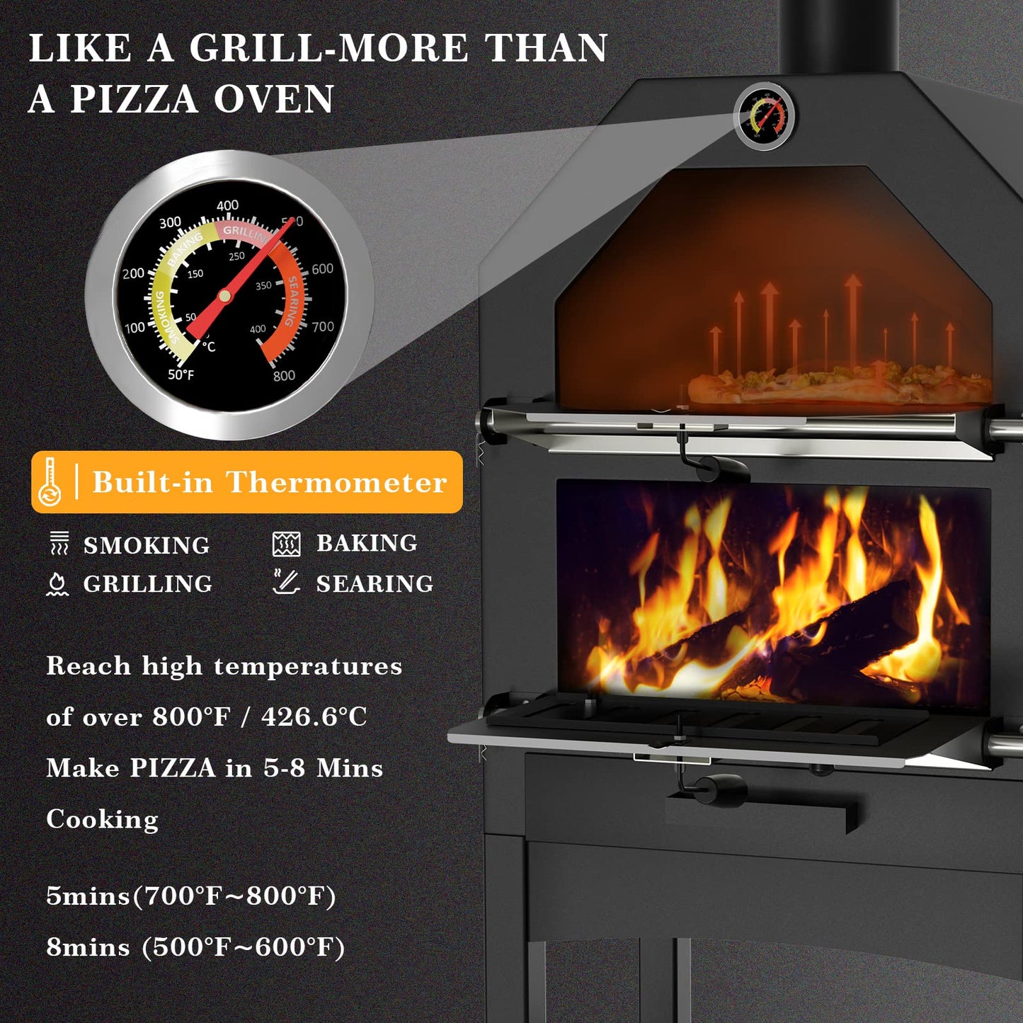 UDPATIO Outdoor Pizza Oven Wood Fired, Wood Pizza Ovens for Outside with Waterproof Cover, Pizza Stone, Peel, 2 Layer Steel, Freestanding Steel Oven with 2 Wheels for Kitchen BBQ Backyard Party