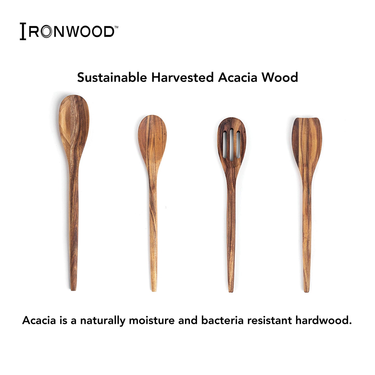 Ironwood Gourmet Acacia Wood Kitchen Utensil Set, Spatula, Slotted, Long and Regular Spoon, 4-Piece, Natural