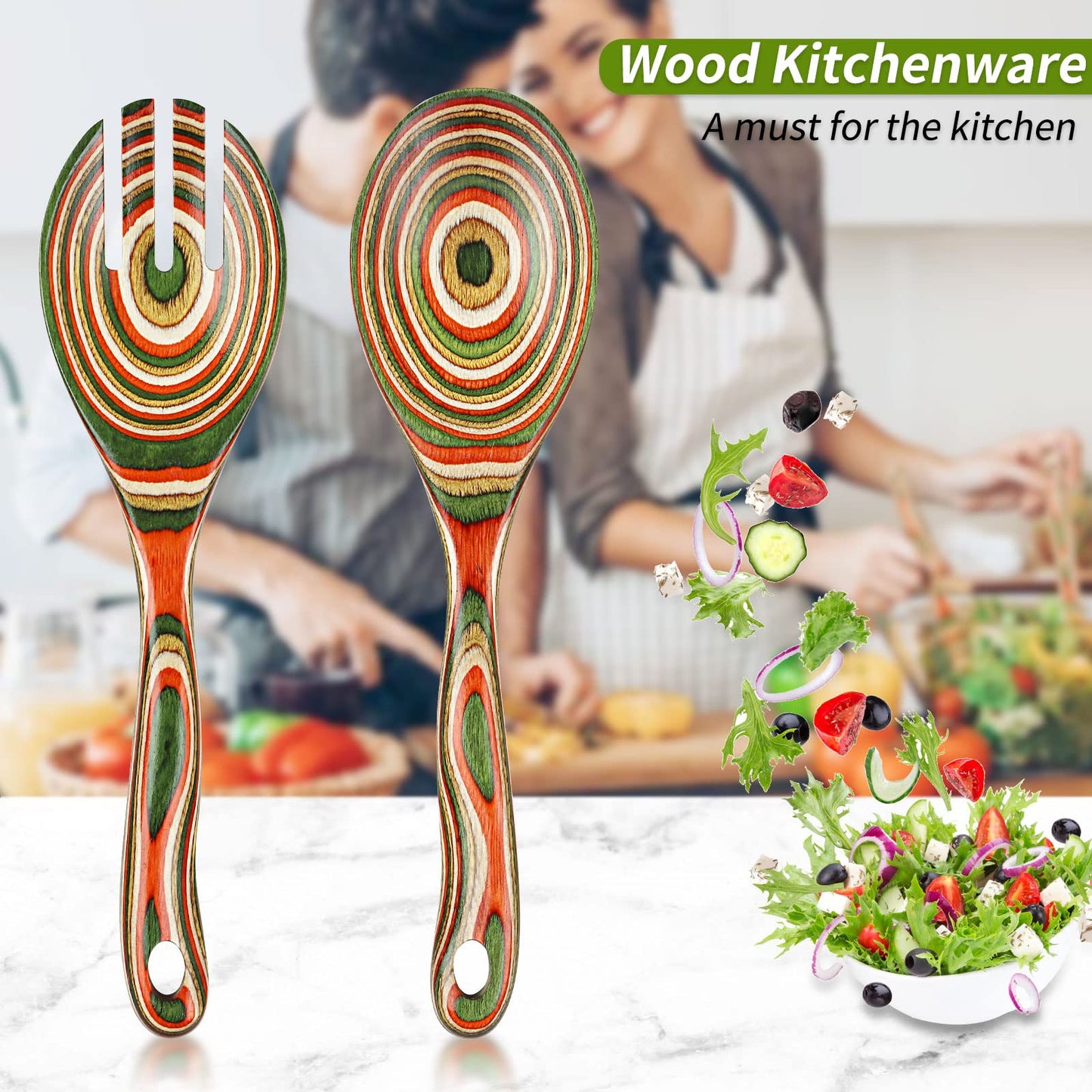 Salad Tongs, Wooden spoons, Salad Tongs for Serving, WOSPONFAN 10-inch Pakkawood Serving Utensils Set Salad Servers Set Kitchen Cooking Utensil