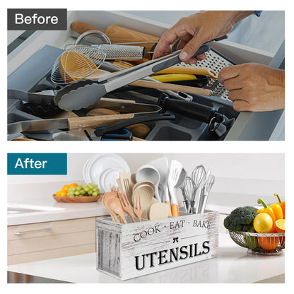 Suli Extra Large Kitchen Utensils Holder with 4 Compartments, Wooden Utensil Organizer for Kitchen Countertop, Farmhouse Decor, Rustic Cooking Utensil - White grain