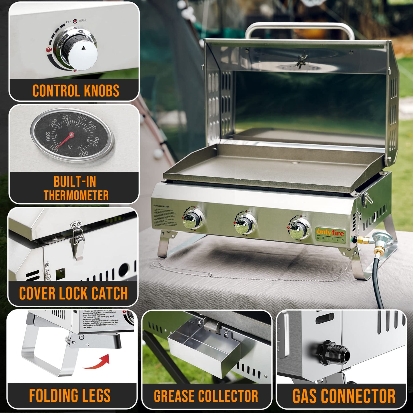 ONLYFIRE GRILLS Tabletop Gas Griddle with Foldable Legs, Portable 3-Burner Propane Gas Flat Top Grill Griddle for Outdoor Cooking Patio Barbecue Camping Tailgating RV BBQ, Stainless Steel, #GS309