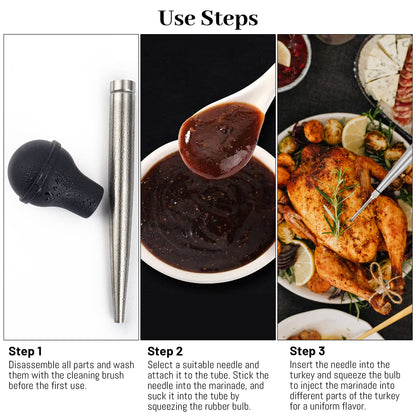 Turkey Baster Syringe for Cooking, Large Stainless Steel Meat Injector, with Cleaning Brush and 2 Marinade Needles, Black