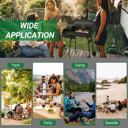 Outdoor Barrel BBQ Grill,Barrel Charcoal Grill with Offset Smoker, All Metal Outdoor Smoker with Side Table and Wheels for Outdoor Garden Patio and Backyard Cooking