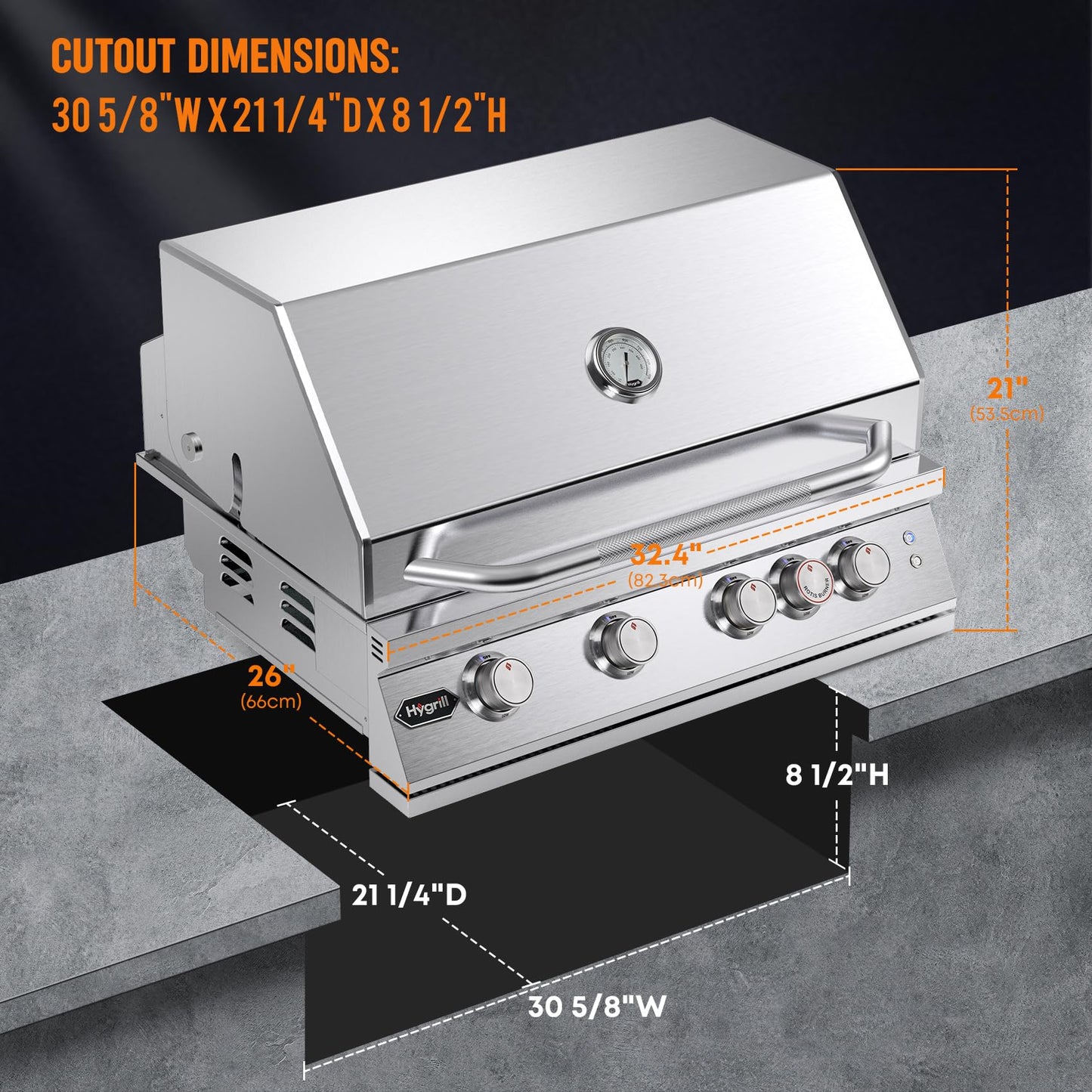 Hygrill Premium XTR 32-Inch Built In Grill, Stainless Steel 4-Burner Grill Head for Outdoor Kitchen with Rear Infrared Burner and LED Lights, Natural Gas