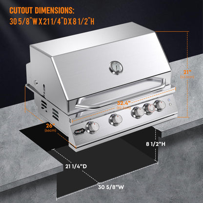Hygrill Premium XTR 32-Inch Built In Grill, Stainless Steel 4-Burner Grill Head for Outdoor Kitchen with Rear Infrared Burner and LED Lights, Natural Gas