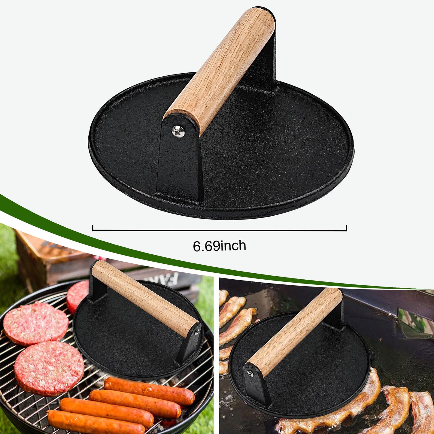 POLIGO 5PCS Smash Burger Press Kit - 4 in 1 Hamburger Patty Storage Containers,6.69" Round Cast Iron Smash Bacon Press- Non Stick Smash Burger Press Set for Grill and Griddle Cooking