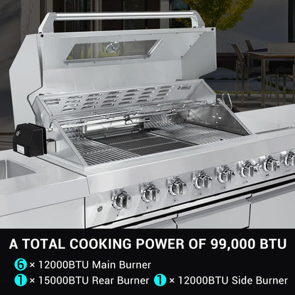 CT Copper Tailor 6-Burner Outdoor Kitchen BBQ Gas Grill Island with Infrared Rear Burner,Side Burner,Storage Cabinets & Drawers,Sink,Cooler,Stainless Steel (with Natural Gas Kit)