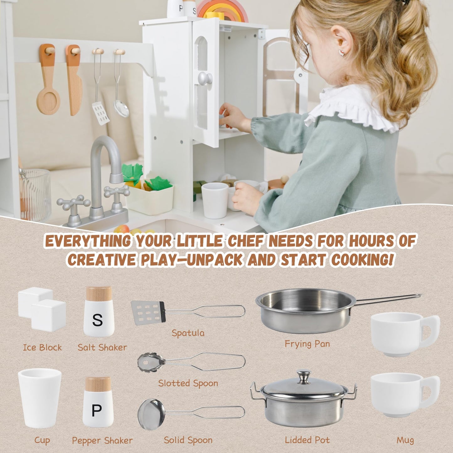 Wooden Play Kitchen for Toddlers and Kids with Lights & Sounds, Large Interactive Pretend Play Set with Ice Maker, Stove, Sink, Oven, 12 Accessories - Ages 3-8