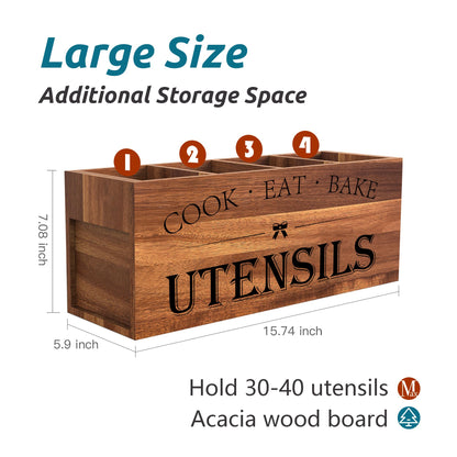 Suli Acacia Wood Utensil Holder for Kitchen Counter,Extra Large Utensils Holder with 4 Compartments,Caddy Organizer for Countertop, Farmhouse Kitchen Decor, Rustic Cooking Utensil
