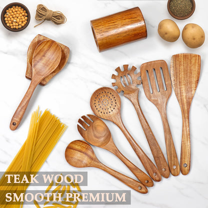 Wooden Spoons for Cooking 9 Pieces - Kitchen Wooden Cooking Utensils Set - Smooth Teak Utensils with Comfort Grip, Wood Spatula and Spoons Perfect for Cooking, Non-Stick Cookware