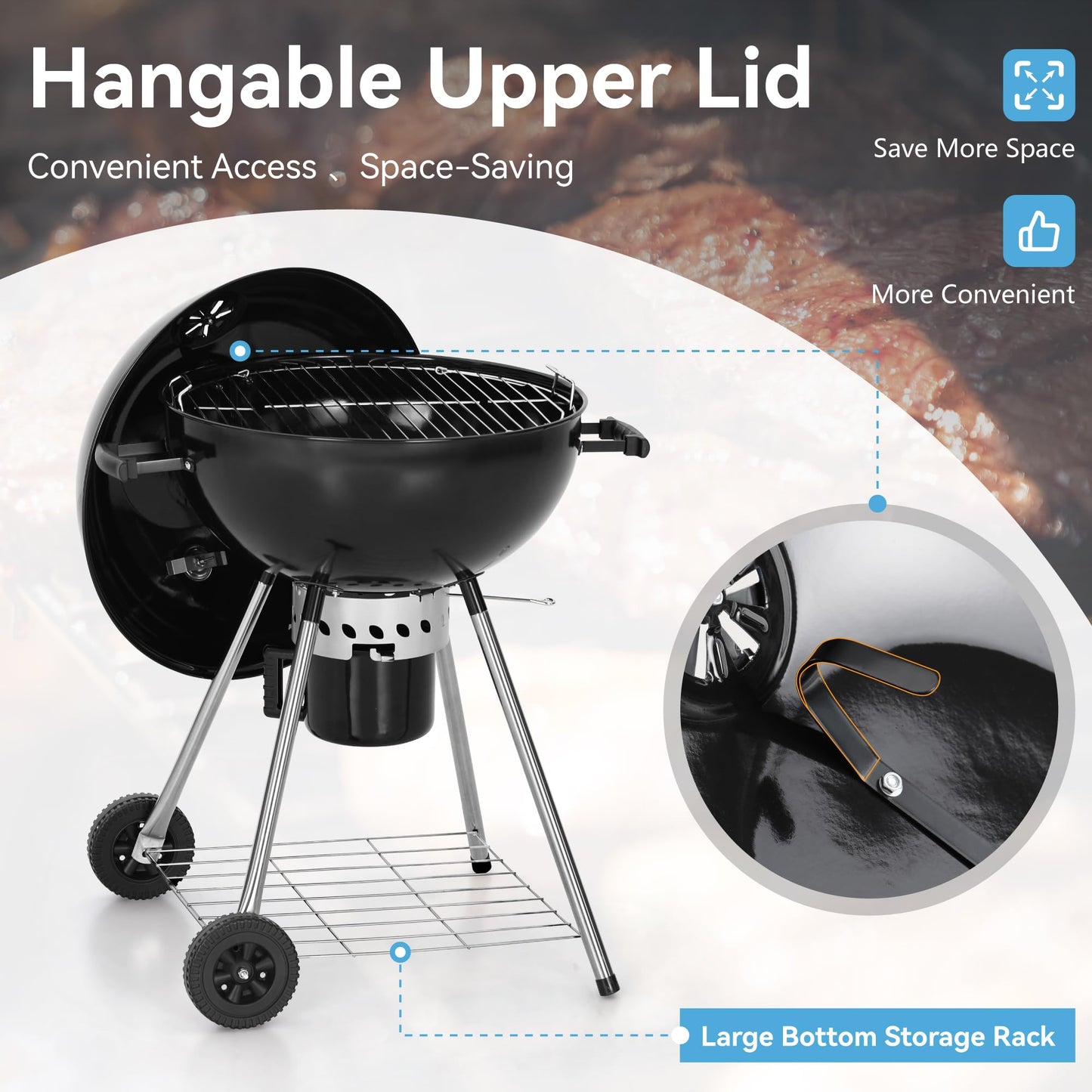 GREEN PARTY 22 inch Kettle Charcoal BBQ Grill with Wheels, Portable Charcoal Grill with Porcelain-Enameled Lid & Ash Catcher for Outdoor Cooking Barbecue Camping Picnics Tailgating