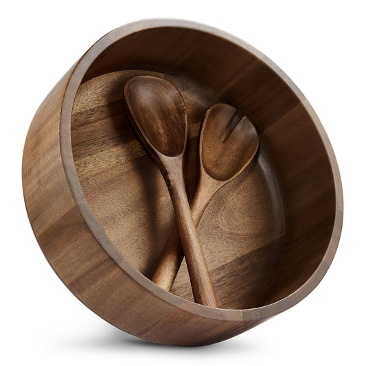 Wooden Salad Bowl, Acacia Walnut Wood Salad Bowl Set, 12 * 4.3 inch Large Natural Wooden with Fork and Spoon,Premium Eco-Friendly 346oz /10.8qt for Kitchen,Dining,Serving & Mixing Food