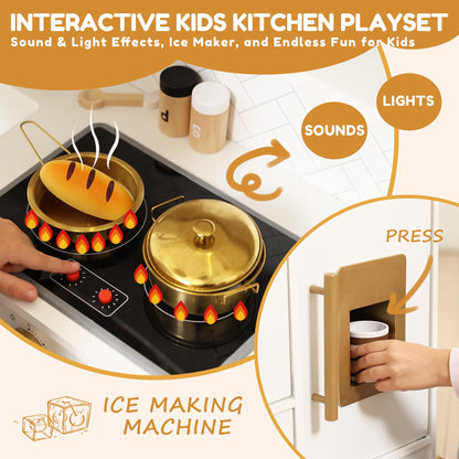 Interactive Wooden Play Kitchen Set for Kids Realistic Features with Extended Storage and 15 Kitchen Accessories, Ideal Pretend Playset Gift for Toddlers and Children Ages 3+