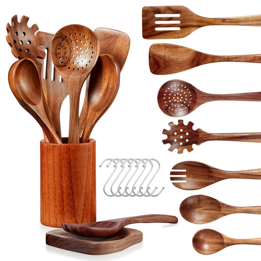 LSFCHUJU Wooden Spoons for Cooking - 10 Piece Natural Teak Wood Kitchen Utensil Set, Wooden Spoons Set with Holder, Spoon Rest & Hooks, Wooden Spatula Set with 7 metal hooks