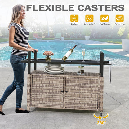 DWVO XL Outdoor Storage Cabinet,Patio Storage Table with Glass Top, Bar Table with Wheels,Outdoor Bar Cart for Patio, Poolside and Backyard,Light Brown