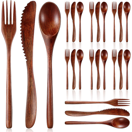 Geiserailie 24 Pcs Wooden Utensils for Eating Wooden Spoon Fork Knife Cutlery Set Kitchen Wood Dinner Flatware Tableware Set Includes Spoon, Fork, Knife (Phoebe Wood)