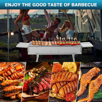 IRONWALLS Portable Charcoal Grill Outdoor Cooking, 32”L x 10”W Folded Camping Barbecue Grill with Storage Shelf, Metal Kebab Skewers, Rectangular Lamb Skewer Grill for Backyard Party Picnic Travel