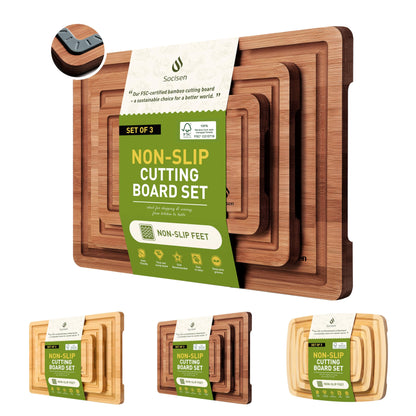 3 Packs Bamboo Cutting Board Set with Non Slip Feet and Over Sink Nice Solid Thick Wood Juice Groove Chopping Board Extra Large Big Small Best Hardwood Kitchen Counter Organic Vegetable