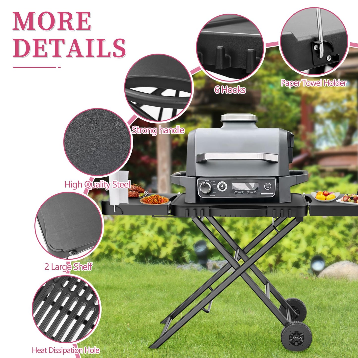 Portable Grill Cart for Ninja Woodfire OG700 OG800 OG900, Blackstone Griddle, for Weber Q100 Q200 Q300, Pizza Oven, Collapsible Grill Stand for Most Portable Grills, Large Surface Grill Trolley
