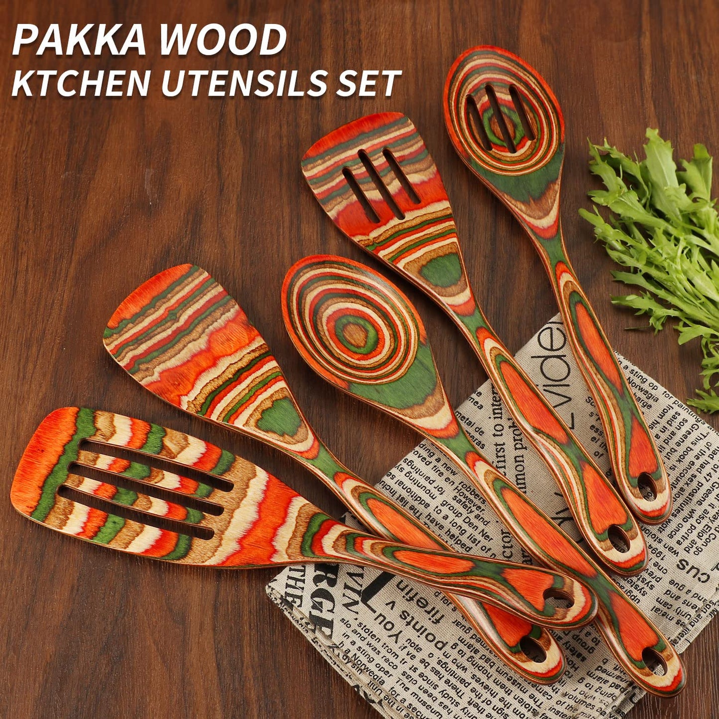 Wooden Spoons for Cooking, WOSPONFAN Kitchen Utensils Set, Pakkawood Kitchen Cooking Utensils Set, Apartment Essentials Wood Serving Spatula spoon, Salad Tongs, Home & kitchen Gift for Women