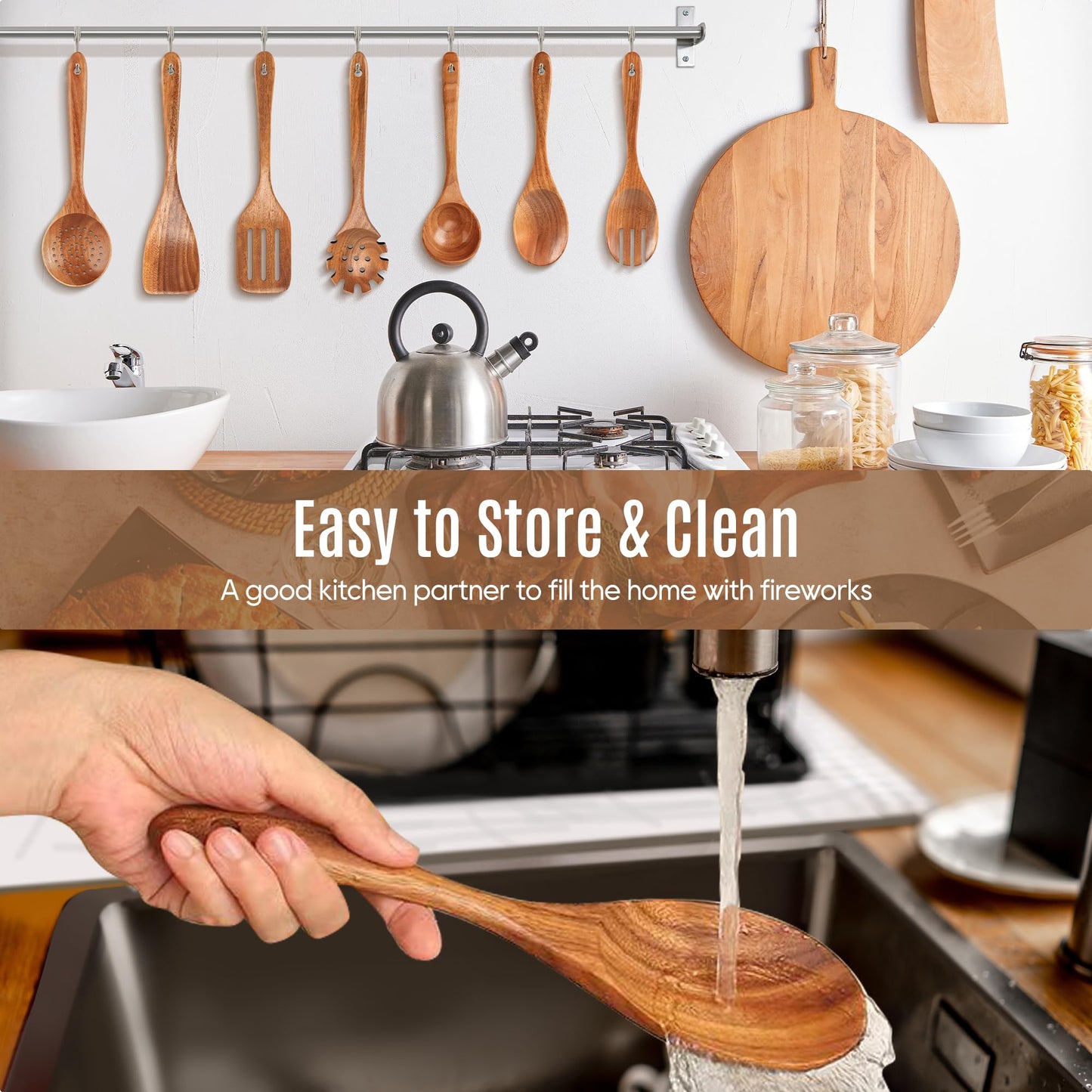 MULBOM 7 PCS Wooden Spoons for Cooking Natural Teak Kitchen Utensils Smooth Non-Stick Surface Cooking Utensils Set Soft Comfort-Grip Wooden Utensils for Cooking