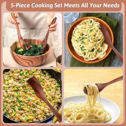 5 PCS Wooden Spatulas for Cooking Acacia Wood Kitchen Utensil Set Mixing Cook Spoons Non-stick Wooden Cooking Utensils Includes Wood Spatula Slotted Spatula Strainer Spoon Salad Spoon Salad Fork