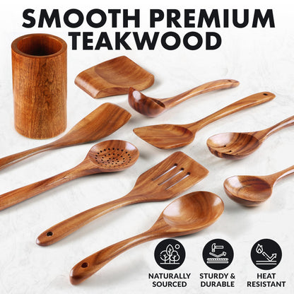 Zulay Kitchen 10-Piece Wooden Spoons for Cooking - Smooth Finish Teak Wooden Utensils for Cooking - Soft Comfort-Grip Wood Spoons for Cooking - Non-Stick Wooden Cooking Utensils - Wooden Spoon Sets