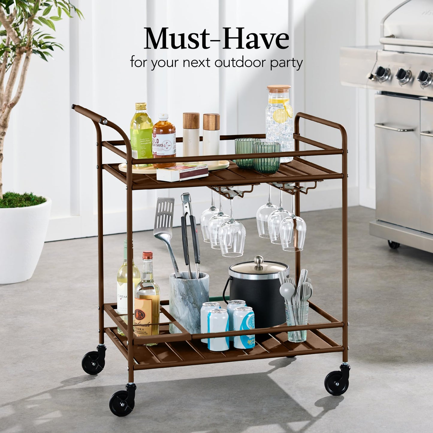 Best Choice Products Outdoor Mobile Patio Bar Cart, Home Bar Serving Cart, BBQ Side Table w/ 2 Tier Storage, Wine Rack, Lockable Wheels - Brown