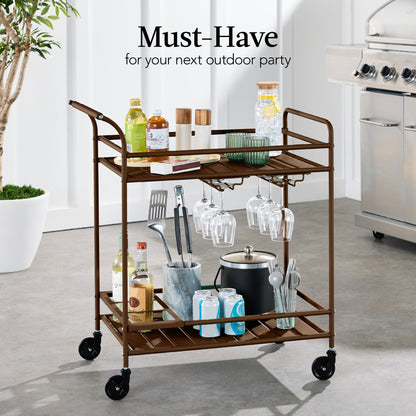 Best Choice Products Outdoor Mobile Patio Bar Cart, Home Bar Serving Cart, BBQ Side Table w/ 2 Tier Storage, Wine Rack, Lockable Wheels - Brown