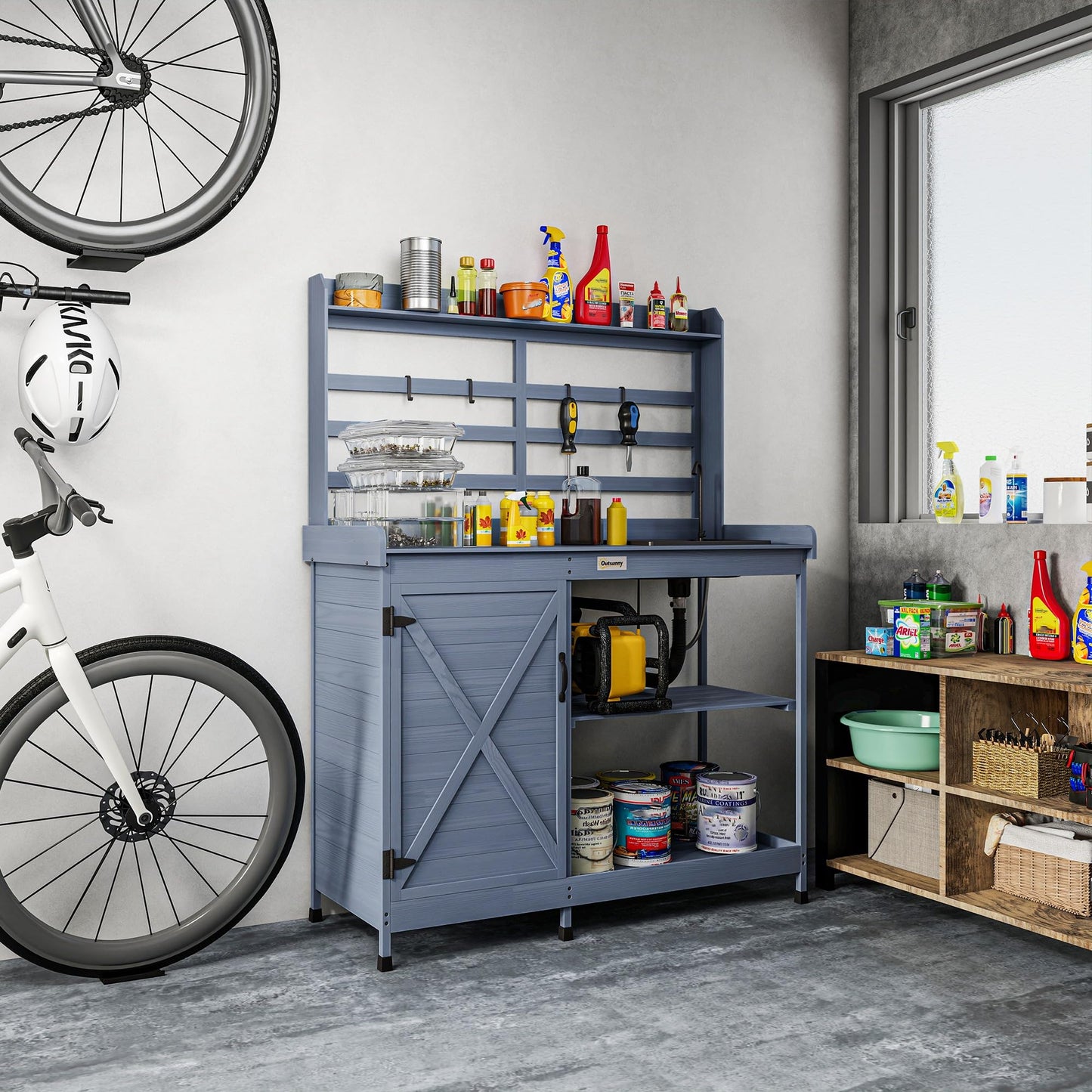 Outsunny Outdoor Wooden Potting Bench Table with Sink and Water Tap, Garden Workstation with Storage Cabinet, Storage Shelves for Backyard, Patio, Balcony, Gray