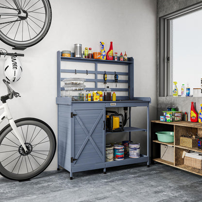 Outsunny Outdoor Wooden Potting Bench Table with Sink and Water Tap, Garden Workstation with Storage Cabinet, Storage Shelves for Backyard, Patio, Balcony, Gray