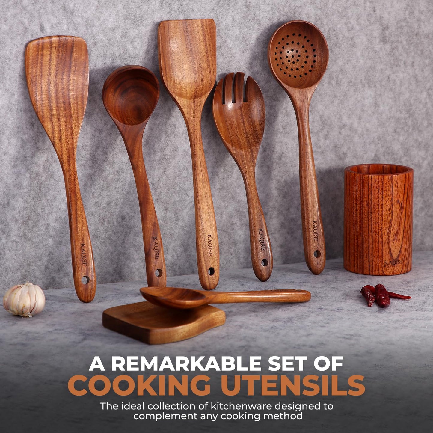 KAQISE Wooden Spoons for Cooking, Kitchen Utensils Set, Wood Spatulas Soup Ladle Serving Spoons Teak Wooden Utensil Set（8 Pieces ）