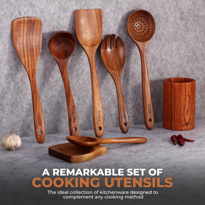 KAQISE Wooden Spoons for Cooking, Kitchen Utensils Set, Wood Spatulas Soup Ladle Serving Spoons Teak Wooden Utensil Set（8 Pieces ）