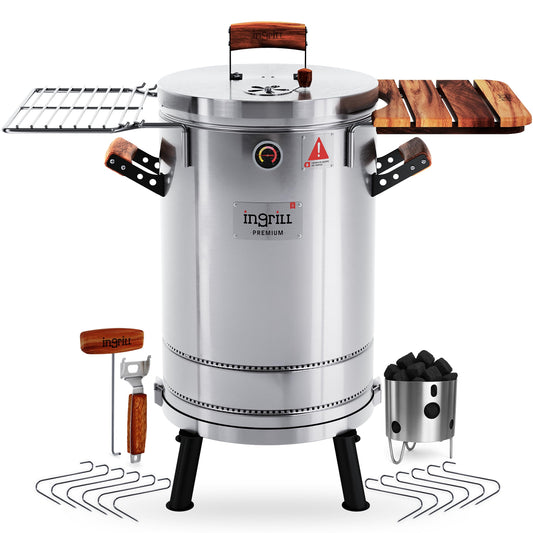 INGRILL Charcoal Grills - 25 lbs Stainless Steel Smoker Grill 3-in-1 for Cooking & Home BBQ - Portable Vertical Smoker Barrel for Outdoor Grilling & Camping - Meat Grill with Thermometer & Accessories