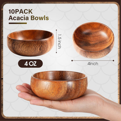 Skylety 10 Pcs Acacia Wooden Bowls Small Calabash Bowls Round Wood Salad Bowl Hand Carved Calabash Dip Tray for Serving Popcorn Pasta Candy Cereal Coconut Nuts Sauce Appetizers Kitchen (4 Inch)