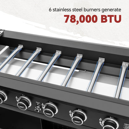 Royal Gourmet GB6000 6 Burner Propane Gas Griddle with Folding Side Tables, 44-Inch Flat Top Grill with Double-Layer Bottom Shelves for Outdoor Party or Backyard Barbecue, Black