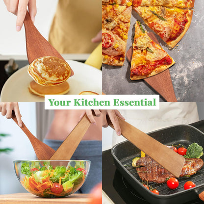 3Pcs Wooden Spatulas, 12inch Long Handle Flat Spatula Set for Nonstick Pans, Multipurpose Wooden Spoons for Cooking, Wood Cooking Utensil for Frying, Flipping, Scraping, and Turning
