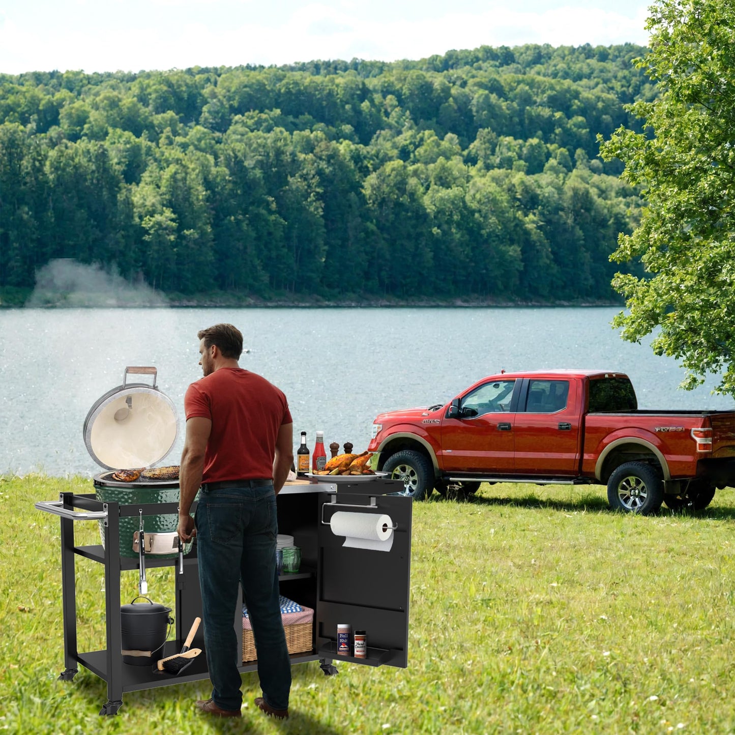 Grill Table for Big Green Egg, Metal Grill Stand Compatible with up to Medium Green Egg,Kamado Joe Jr