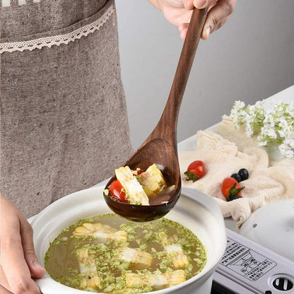 Fiunkes 6 PCS Wooden Kitchen Utensils Set, Black Walnut Wood Long Handle Spoons and Spatula Set for Cooking, Heat Resistant Non-Stick Cookware