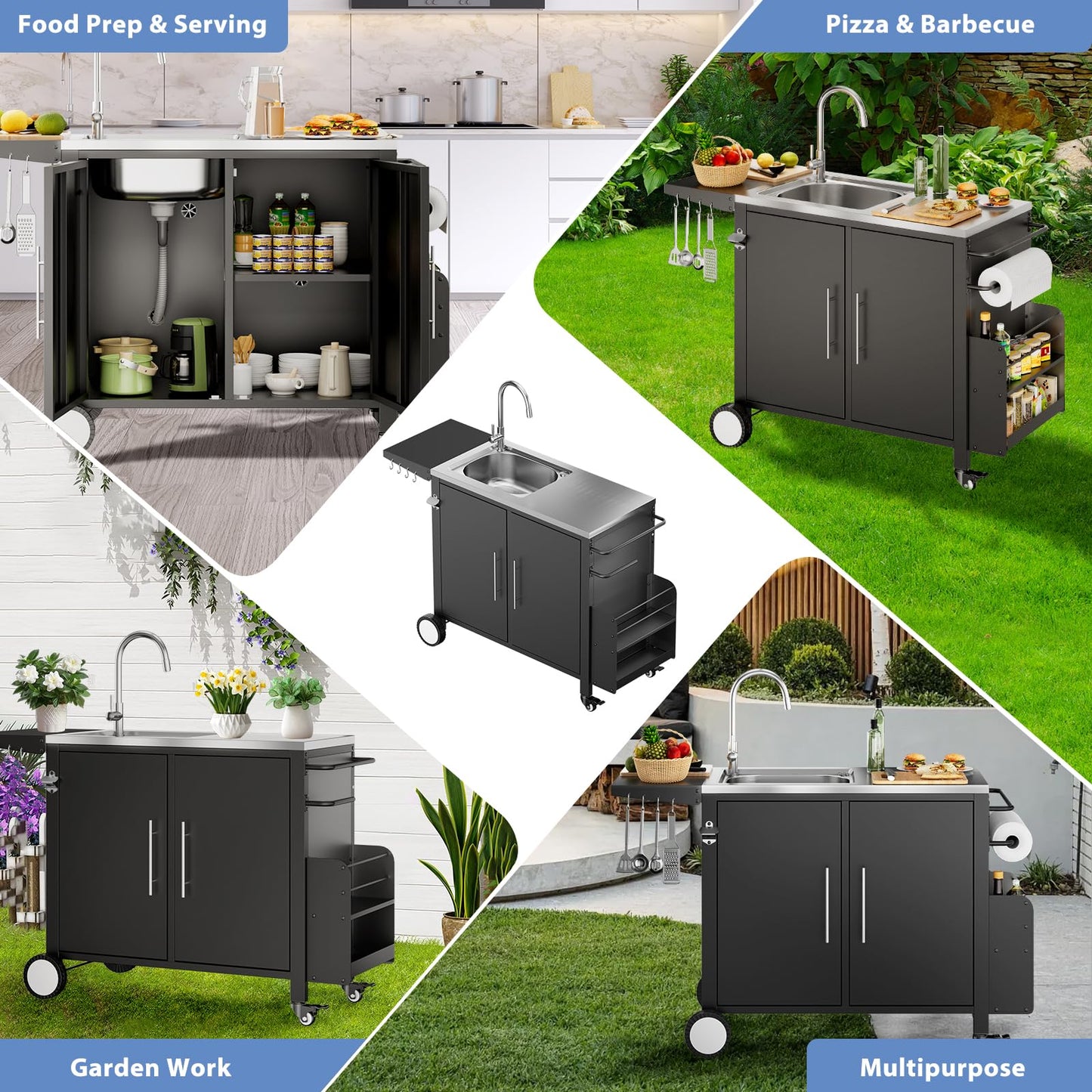 ROOMTEC Outdoor Grill Cart with Stainless Steel Sink, Rolling Metal Prep Table & Storage Cabinet, BBQ Kitchen Island for Patio or Garden