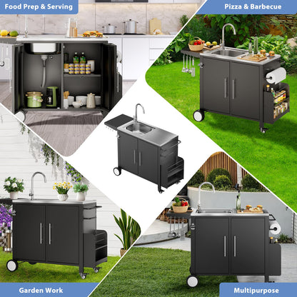 ROOMTEC Outdoor Grill Cart with Stainless Steel Sink, Rolling Metal Prep Table & Storage Cabinet, BBQ Kitchen Island for Patio or Garden