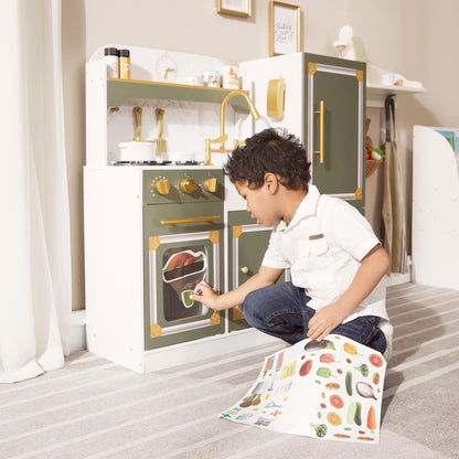 Teamson Kids Versailles Wooden Deluxe Play Kitchen Set Plus Refrigerator with Ice Dispenser and 15 Cookware Accessories, Olive Green
