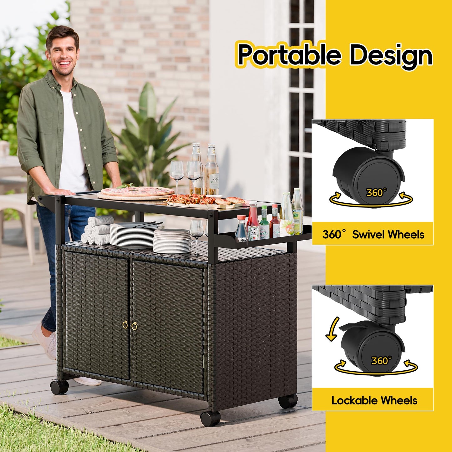 MU Outdoor Bar Cart with Storage and Wheels, Outdoor Bar Table with Tempered Glass Top & Shelf, Rolling Wicker Storage Cabinet with Rounded Handle & Side Basket for Backyard, Poolside, Garden, Black