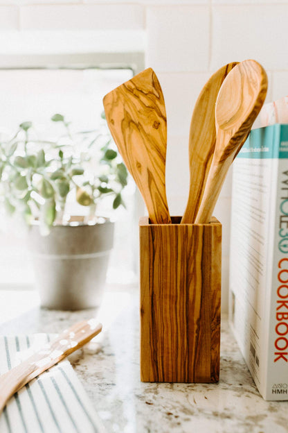 Tramanto Olive Wood Utensil Holder - Compact 3 x 3 Inch Square Wooden Crock for Kitchen Tools and Cooking (6 Inch Tall)