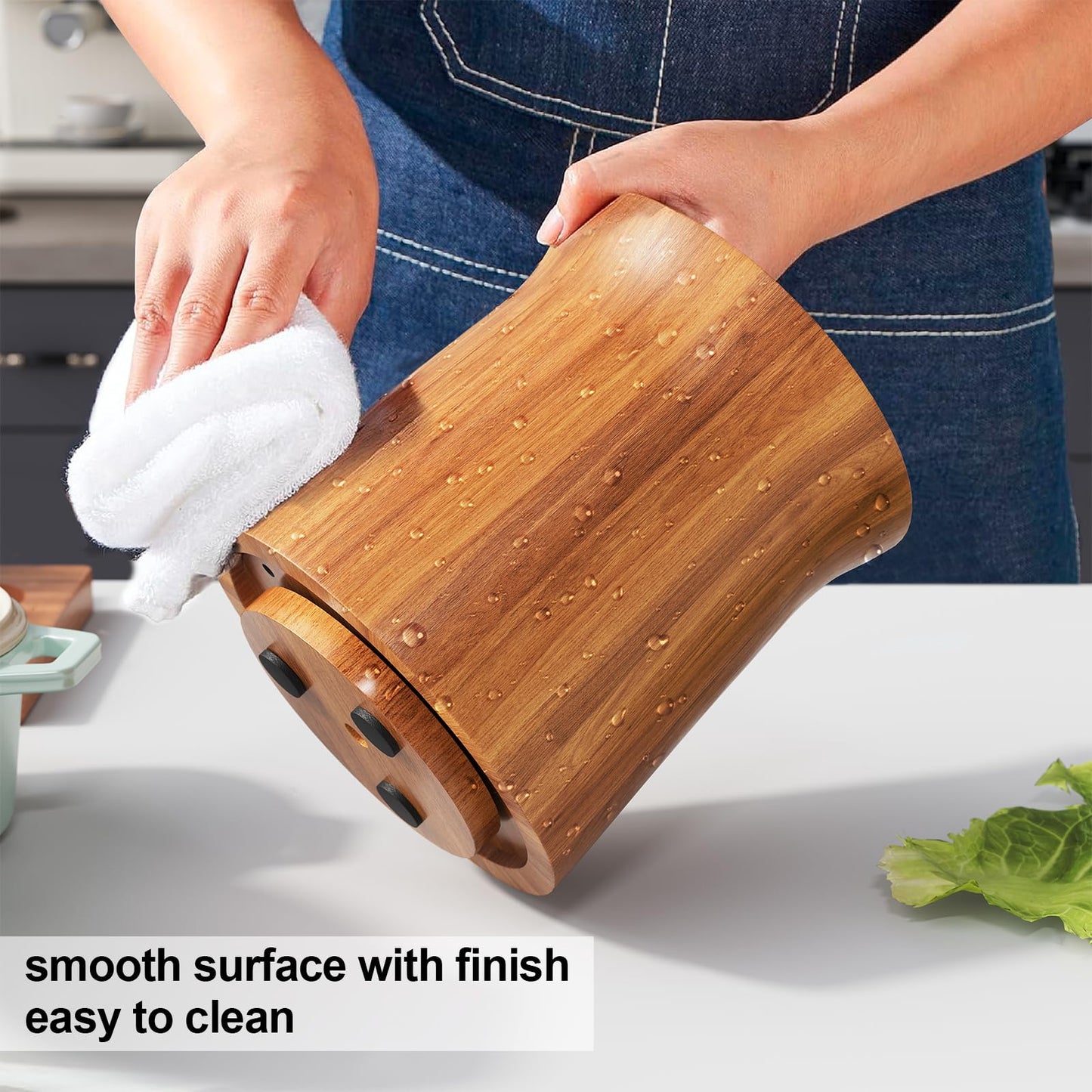 WBKATN Acacia Wood Utensil Holder for Kitchen Counter, 360° Rotating Wooden Large Cooking Utensils Holder for Countertop, Farmhouse Spoon Crock, Spatula Storage Organizer, Rustic Kitchen Decor