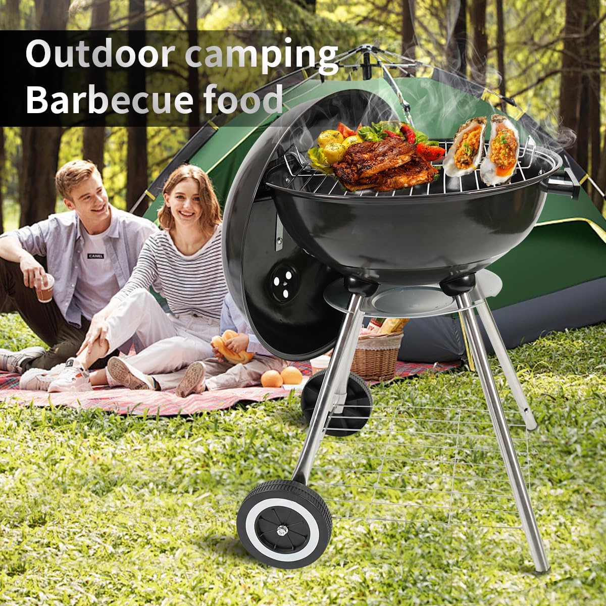 gzcmxh Charcoal Grill - 18inch Outdoor Charcoal BBQ Grill with handle and wheels - Balck Kettle Grill for outdoor, backyard, picnics, party parties